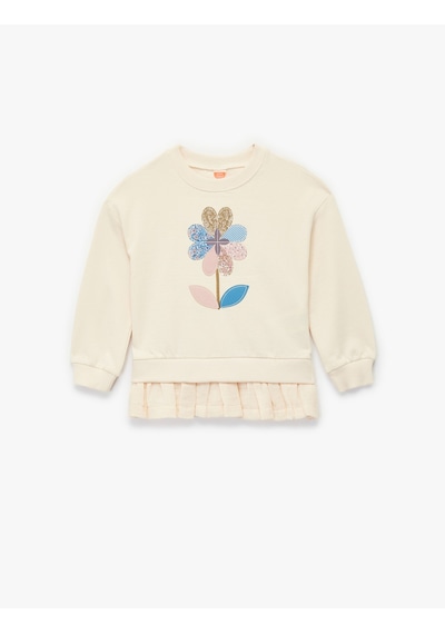 Koton Pamuklu Uzun Kollu Bisiklet Yaka Çiçek Desenli Sweatshirt Bej 6wmg10081ak Ekru