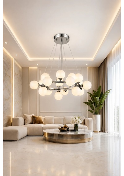 Modern Premium 15'li Sarkıt Avizesi Krom Gövde Küre Salon Mutfak Modelleri G9 Duy - Ampül Hediyeli Gri