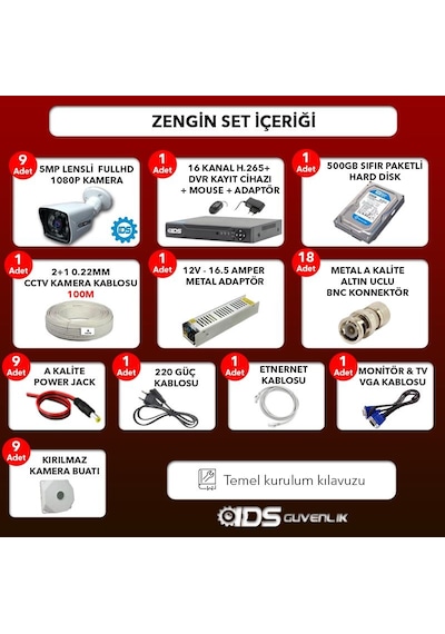 Ids - 9 Kameralı 1080P Fullhd 5Mp Sony Lensli Kamera Seti - 2021 Ids - 9 Kameralı 1080P Fullhd 5Mp Sony Lensli Kamera Seti - 2021