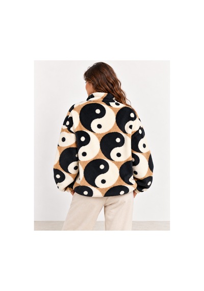Nova Earth Art Kadın Desenli Yarım Fermuarlı Peluş Sweatshirt Siyah
