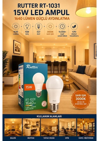 Rutter Rt-1031 15w Led Ampul E27 Sarı 3000k Yüksek Aydınlatma Uzun Ömürlü Lamba