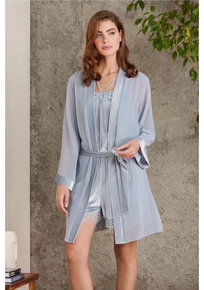 Pierre Cardin 4800 Kadın Dantelli Kadife Tulum Sabahlık Takım-mist Mist