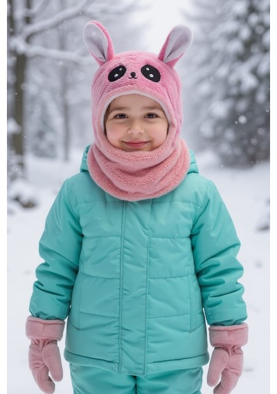 Eleven Markets Kız Çocuk Kulaklı Bere Boyunluk Takım Sevimli Tavşan Desenli Polar Kışlık Şapka & Atkı, 3-9 Yaş Fuşya - Siyah