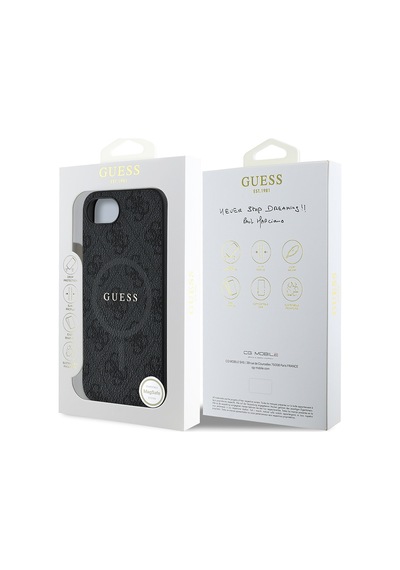 Apple iPhone 16e Uyumlu Kılıf Guess Lisanslı M safe Pu Halkalı 4g Desenli Yazı Logolu Kapak Siyah