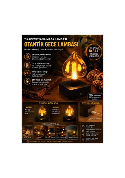 Otantik Led Masa Lambası 2 Kademeli Mum Efektli Amber Gece Lambası Type-c Şarjlı 10 Saat Çalışma Süresi