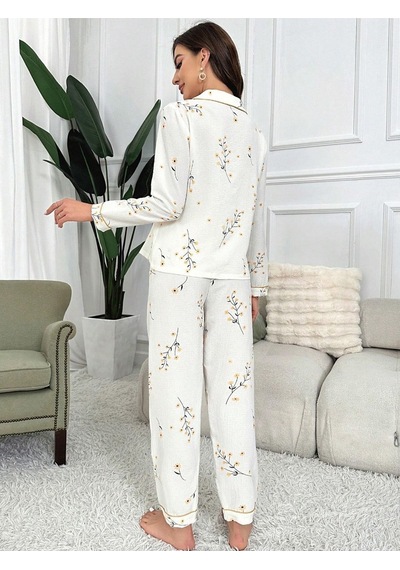 Bella Notte Çiçek Baskılı Cep Detaylı Düğmeli Günlük Uzun Pijama Takımı Sarı