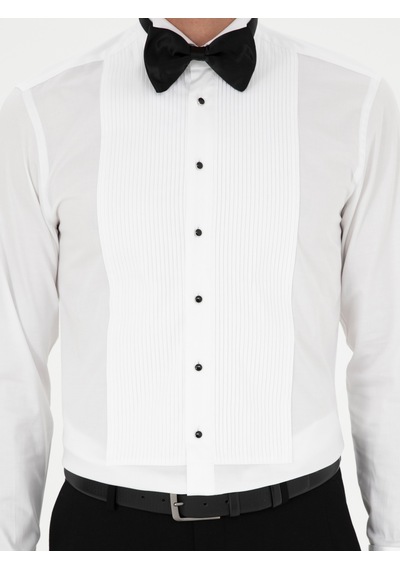 Cacharel Beyaz Slim Fit Manşetli Pamuk Karışımlı Smokin Gömlek