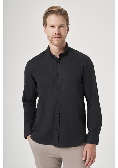 İmza Siyah Düğmeli Yaka Oxford Slim Fit Pamuklu Gömlek 1004265284