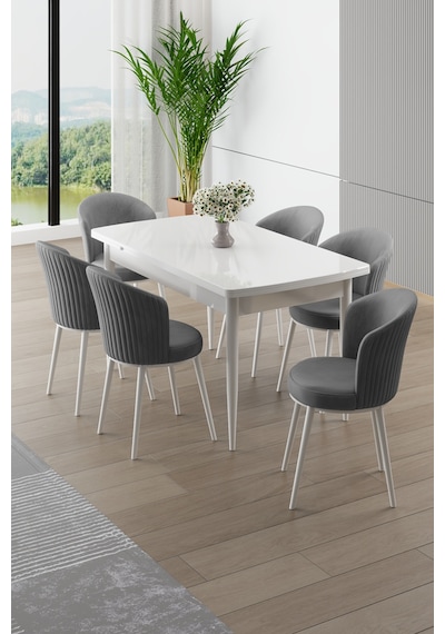 Canisa Asfel Serisi Mdf 77x130 Beyaz Yandan Açılabilir Mutfak Masası Takımı 6 Gri Sandalye Beyaz Masa Gri Sandalye Canisa Asfel Serisi Mdf 77x130 Beyaz Yandan Açılabilir Mutfak Masası Takımı 6 Gri Sandalye Beyaz Masa Gri Sandalye