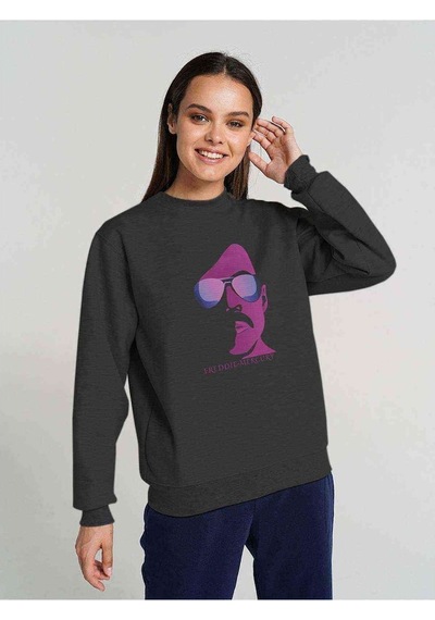 Freddie Mercury Baskılı Füme Antrasit Kadın Sweatshirt