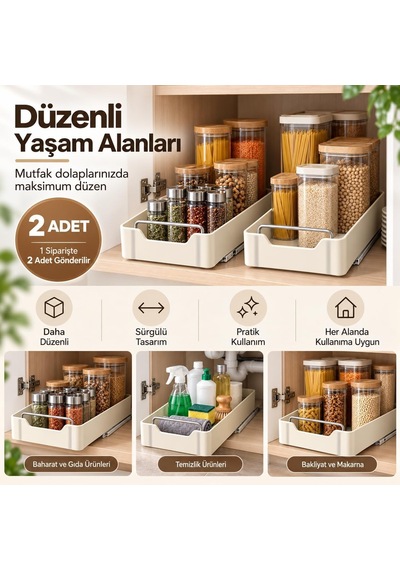 2'li Raylı Dolap Organizeri Sürgülü Çekmece Mutfak Lavabo Altı Düzenleyici Çok Renkli