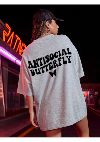 Flood Of Style Logo Baskılı Gri Tişört Antisocial Butterfly