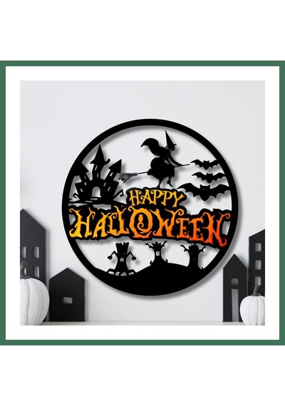 En-cag 3d Baskı Happy Halloween Yuvarlak Duvar Panosu Cadı Şato Yarasa Silüetli Kapı Süsü Duvar Dekoru Siyah Bss Standart