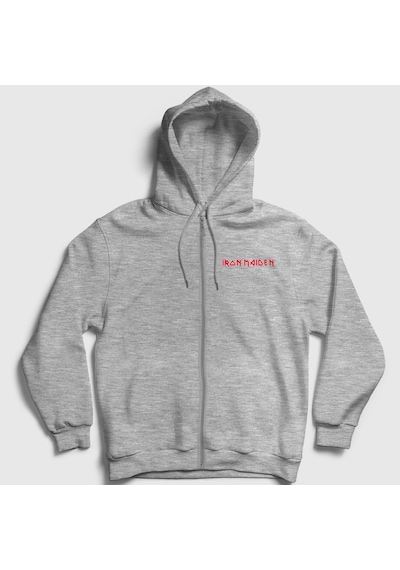 Presmono Unisex Logo Iron Maiden Fermuarlı Kapüşonlu Sweatshirt Gri Melanj