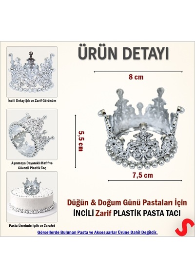 İncili Plastik, Pasta Süsleme Tacı 8 Cm X 5 Cm - Gümüş