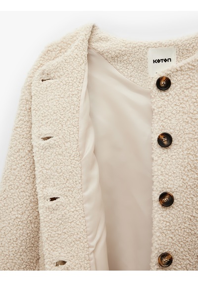 Koton Düğmeli Cepli Uzun Kollu Yuvarlak Yaka Crop Peluş Bomber Ceket Bej 6wak20260ew Ekru