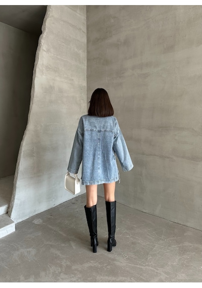 Esra Butik78 Açık Mavi Yıkamalı Oversize Kot Ceket Çift Cepli Salaş Denim Ceket