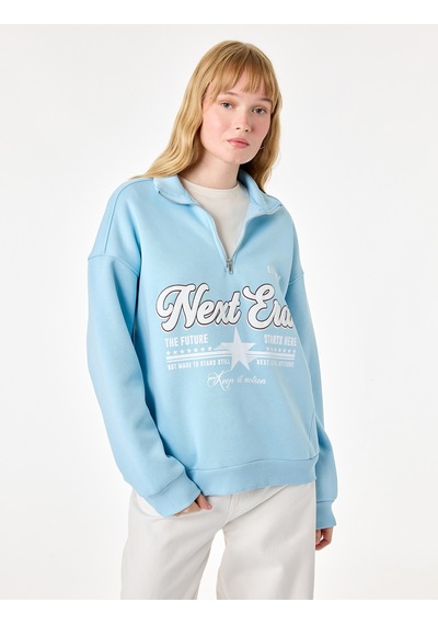 Koton Şardonlu Yarım Fermuarlı Dik Yaka Uzun Kollu Baskılı Sweatshirt Mavi 7wal10202ık