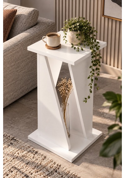 Sulorahome Modern Mermer Desenli Yan Sehpa Beyaz