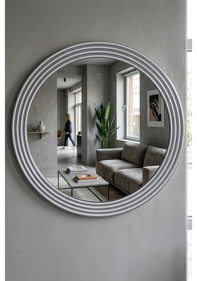 Tr Zümrüt Gümüş Dekoratif Ayna Yuvarlak Ayna Işlemeli Ahşap Duvar Aynası Tekli 31cm Ayna - 43cm Çerçeve Genel