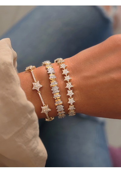 Vip Yıldız Zirkon Taşlı Çit Model 14k Altın Kaplama Çelik Bileklik Gold