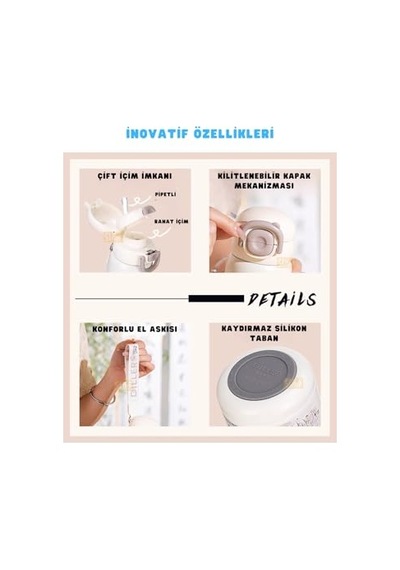 Sevimli Hayvanlar Desenli Pipetli Pipetsiz El Askılı Paslanmaz Çelik Termos Genel