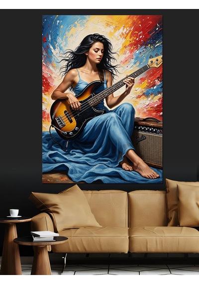 Ahşap Tablo Gitar Çalan Kadın Müzisyen