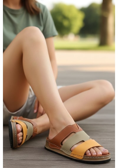 Napa Shoes Hakiki Deri Üç Bantlı Çok Renkli Ortopedik Kadın Terlik Napa-303 Taba