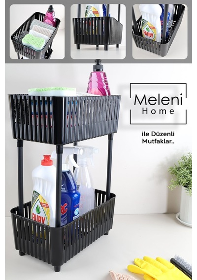 2'li 2 Katlı Tezgah Altı Organizer Raf - Banyo Deterjan Rafı Mutfak Evye Altı Düzenleyici Siyah Siyah