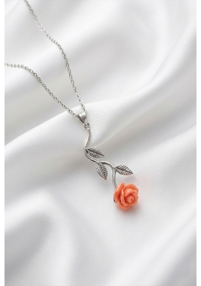 Çekirdekjewelry 925 Ayar Gümüş Pembe Güllü Ters Kolye Gri