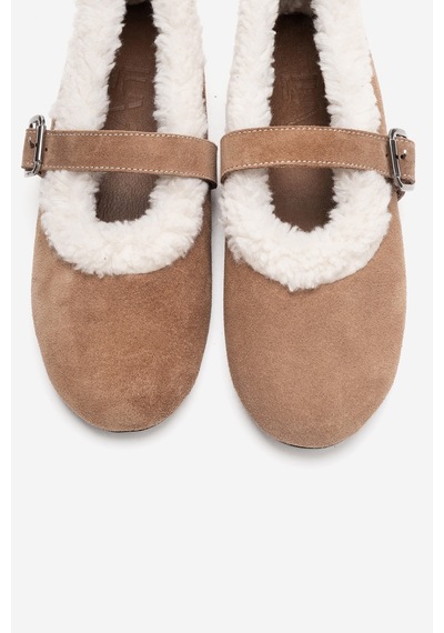 Luvishoes Guın Toprak Süet Hakiki Deri Peluş Detaylı Kemerli Kadın Babet Ayakkabı Toprak