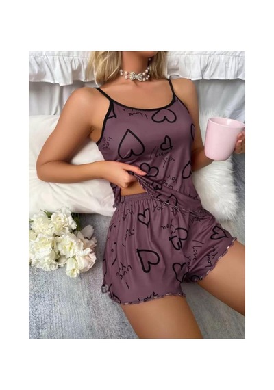 Selveta Kadın Penye İp Askılı Şortlu İnce Kalpli Gecelik Pijama Takımı Çok Renkli