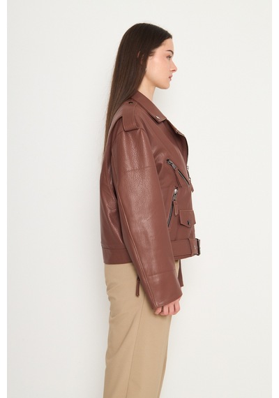 M M Marki Marki Kadın Hakiki Jumbo Deri Ceket Biker Tarz, Kemerli, Oversize, Apoletli, 65 Cm, Kahverengi - 116622x
