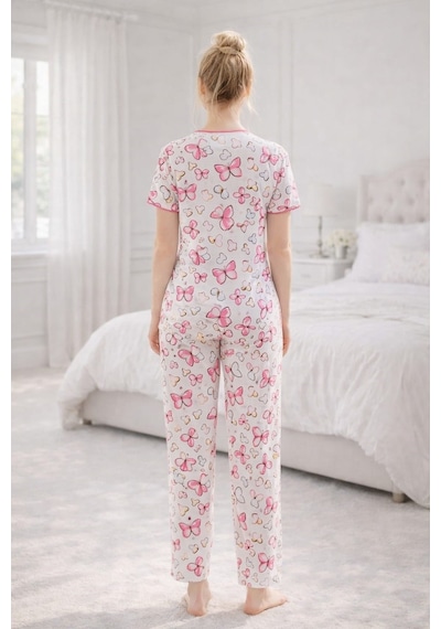 Kadın 01667 Kısa Kol Kaşkorse Pijama Takımı Çok Renkli