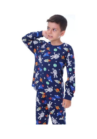 Zuzunga Astronot Temalı Pamuk Unisex Çocuk Pijama Takımı Lacivert