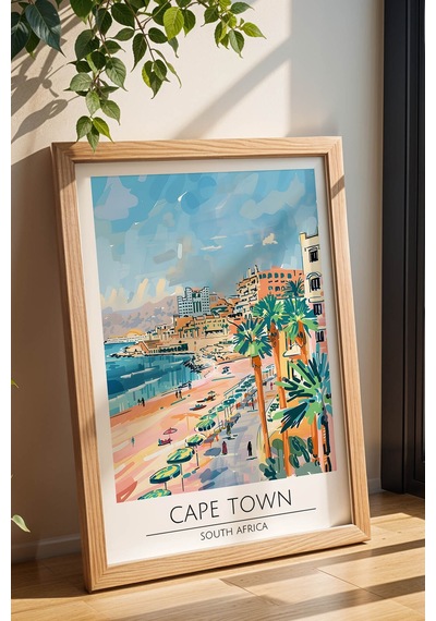 Güney Afrika Cape Town Temalı Çerçeveli Tablo Travel Serisi Modern İllüstrasyon Duvar Dekoru Kayın