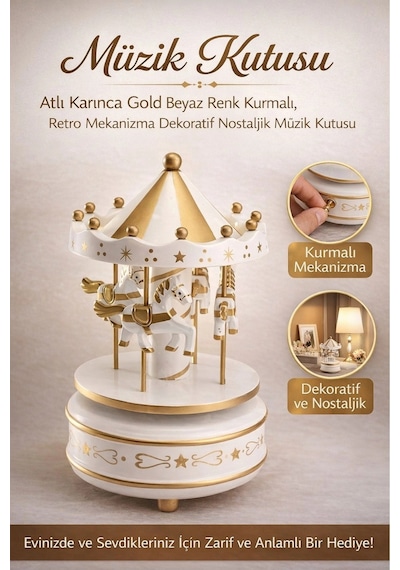 Müzikkutusu Atlı Karınca Gold Beyaz Nostaljik Hediye Dekoratif Kurmalı Retro Mekanizma Müzik Kutusu
