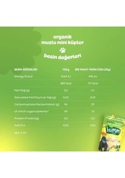 Mey İthalat Humm Organik Muzlu Glutensiz Vegan Mini Küpler 30 Gr