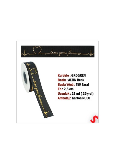 Grogren Kurdele Love You Altın Baskılı, 2,5cm X 23mt - Siyah 0 - 99