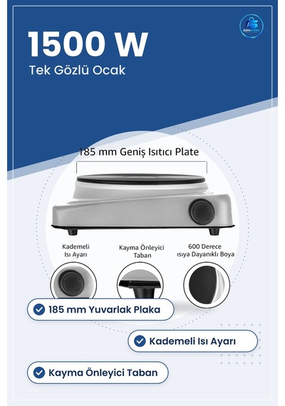 Tek Gözlü Elektrikli Ocak 1500w 185 Mm Yuvarlak Plaka Kademeli Is Çok Renkli