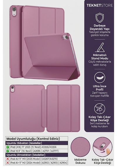 İpad 11. Nesil A16 Ve 10. Nesil 10.9" Uyumlu Kılıf A3355 A2696 Ultra İnce Standlı Kapak Smoke Purple Kapaklı Kılıf