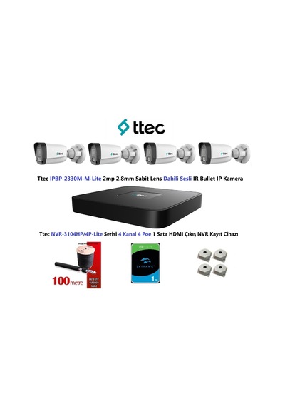 Ttec 2mp Mikrofonlu 4 Kameralı 1tb Disk Tak Çalıştır Hazır Ip Kamera Seti