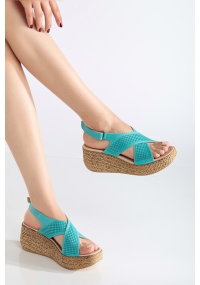 Analin Shoes Kadın Hakiki Deri Çapraz Bantlı Cırtlı Sandalet Turkuaz