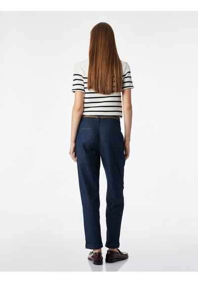 Koton Kemerli Yüksek Bel Rahat Kalıp Chino Denim Pantolon Koyu İndigo 7wal40049md Indigo