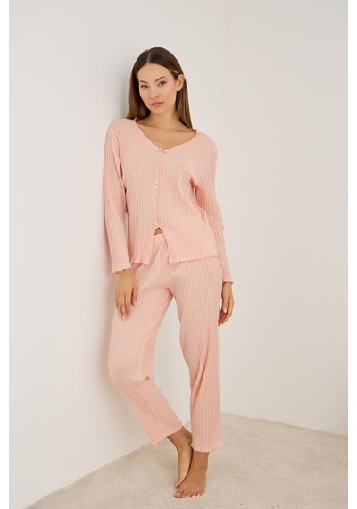 Siyah İnci Fitilli Kaşkorse Uzun Kollu Pijama Takım 7937 Somon