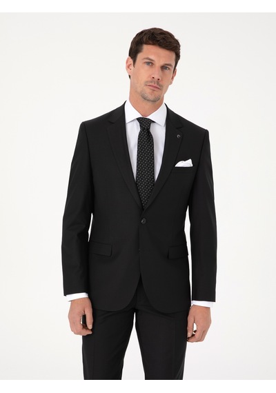 Cacharel Siyah Slim Fit Yün Karışımlı Mikro Desenli Takım Elbise