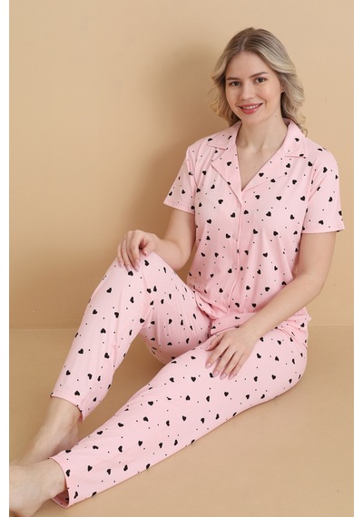 Wordex Mirano 9514 Kalpli Pembe Pegasus Kumaş Düğmeli Kısa Kolu Kadın Pijama Takımı