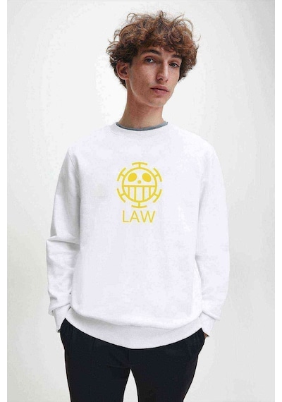 One Piece Law Logo Baskılı Beyaz Erkek Örme Sweatshirt