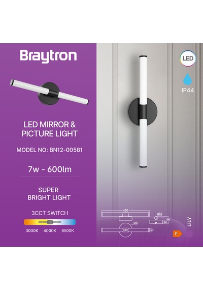 Braytron Lily-c 7w 3-in-1 Krom-siyah Led Aplik Ip44 Mat Siyah