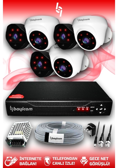 Bayicam 6 Kameralı Uzay 3 İç Kamera Set HDD'siz Full HD Gece Görüşlü Güvenlik Kamerası Sistemi